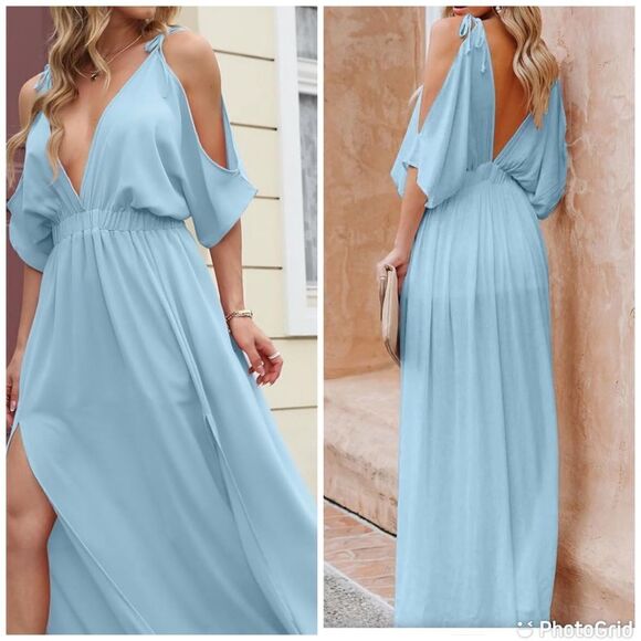 NWT DEEP SELF V Neck Off Shoulder Short Sleeve High Waist Split Wedding Maxi - Picture 2 of 13